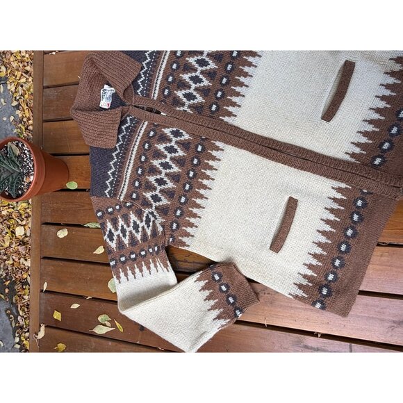 80s An Original White Ram Knitting Co Ltd Cardigan Sweater Full Zip Ivory Brown - Picture 4 of 14